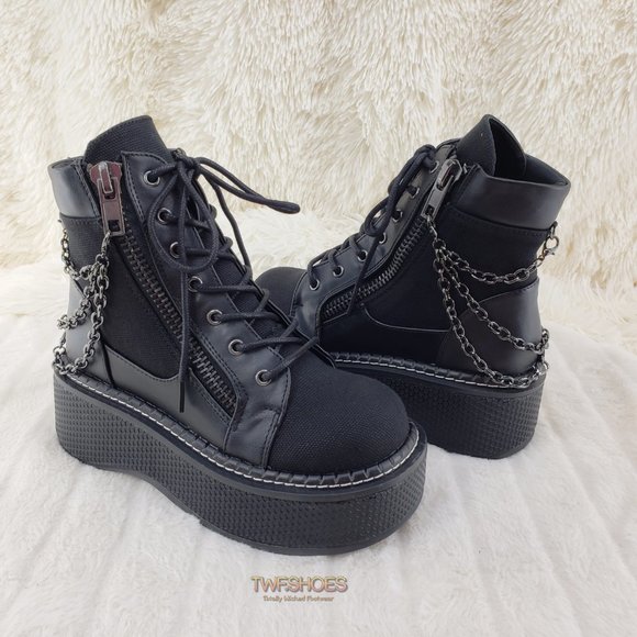 Emily Black Canvas Chain Goth 2" Platform Ankle Boots 114x - Picture 11 of 16